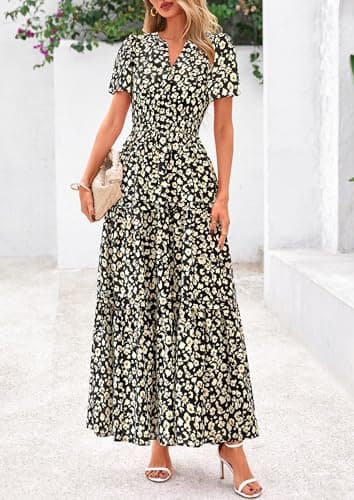 PRETTYGARDEN Women's 2025 Summer Boho Maxi Dresses Floral Short Sleeve V Neck A Line Tiered Flowy Long Beach Vacation Dress (Black,Large) - Image 3