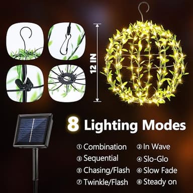 Solar Powered Hanging Iron Sphere Lights with Artificial Greenery – 12Inch 120 LED Waterproof Outdoor Decor Ball Light with Timer & 8 Modes – 2 Pack for Garden, Christmas, Weddings (Warm White) - Image 3