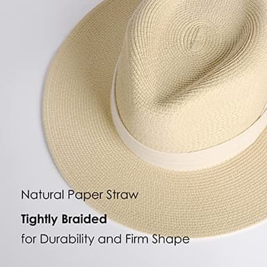 FURTALK Womens Mens Wide Brim Straw Panama Hat Fedora Summer Beach Sun Hats UPF Straw Hat for Women Beige-White - Image 2