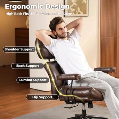 ovios Ergonomic Home Office Chair, Mid-Century Modern Faux Leather Chairs with Thickened Cushions, Comfy High Back Swivel Rolling Executive Computer Armchair (Dark Brown, PU Leather) - Image 3