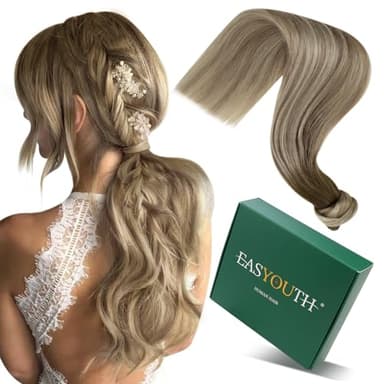 Easyouth Ponytail Extension Human Hair Ombre Ponytail Hair Extensions Balayage Dark Brown to Light Brown with Blonde Pony Tails Hair Extensions for Short Hair 12 Inch 70g - Image 1