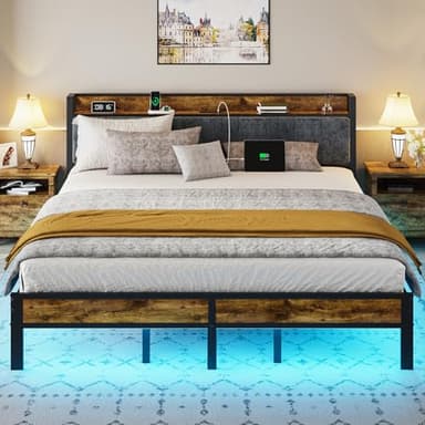 Liians King Size Bed Frame with Smart LED Lights, Storage Headboard with USB Charging Station, Metal Platform Bed Noise Free, Easy Assembly, No Box Spring Needed - Image 1