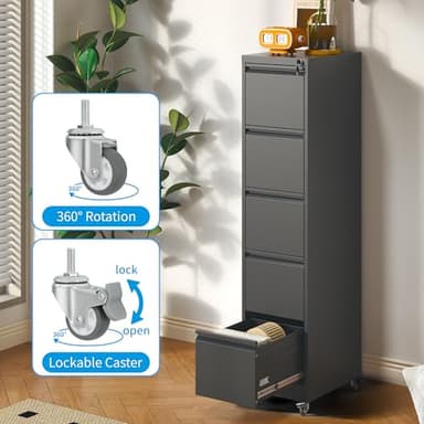 EKJ 5 Drawer Rolling File Cabinet with Lock, Metal Filing Cabinets on Wheels, Vertical Steel Office Drawers Storage for Hanging Legal/Letter Folders, Require Assembly (Black) - Image 6