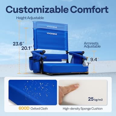 VIVOHOME Height Adjustable High Back Stadium Seats with Back Support and Cushion, 2 Pack Portable Bleacher Chairs with Cup Holder and Shoulder Strap, Blue - Image 4