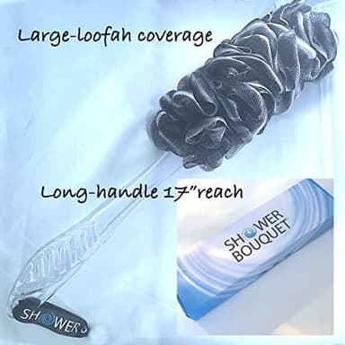 SHOWER BOUQUET Loofah-Charcoal Back-Scrubber & Bath-Sponge Set // 1 Long-Handle-Back-Brush Plus 2 Extra Large 75g Soft Mesh Loofa-Lufa-Loufa Puff Poufs, Men & Women - Exfoliate with Full Pure Cleanse - Image 4