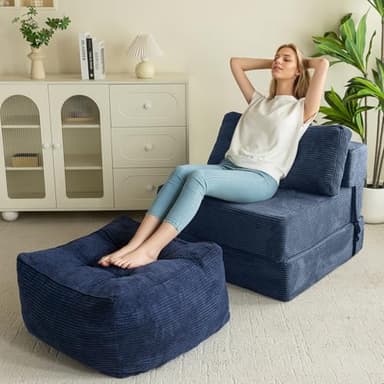 HIGOGOGO Square Stuffed Pouf Ottoman, Corduroy Poufs with Foam Chunk Filling, Furry and Fluffy Pouf Foot Stool Storage Ottoman, 21 X 21 Floor Poufs Foot Rest for Living Room, Navy - Image 6