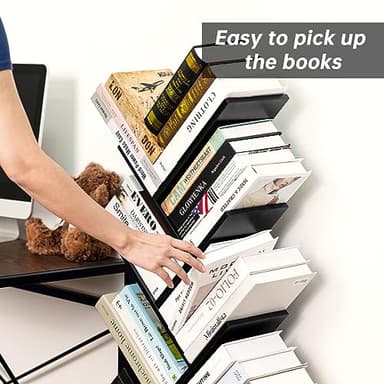 SHEEPAM 8 Tier Tree Bookshelf with Drawer, Free Standing Wood Bookcase for Living Room, Bedroom, Home Office, Space Saving Storage Organizer Bookshelves for Books, CDs, Vinyl Records- Black - Image 8