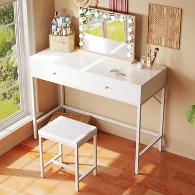 SUPERJARE 35.4" White Desk with 2 Drawers, Modern Makeup Vanity with Padded Stool, Small Computer Desk Home Office Desk for Writing Study Bedroom - Image 2
