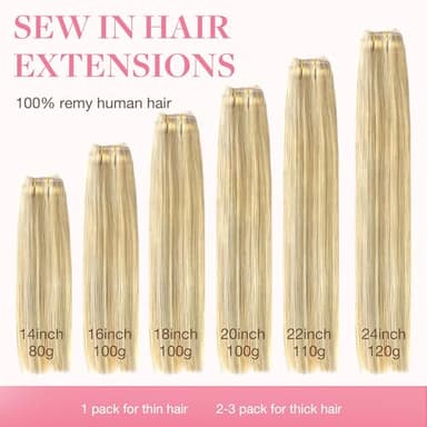 GOO GOO Sew in Hair Extensions Real Human Hair, Weft Hair Extensions Human Hair, 18D/22F Dirty Blonde Highlights 22inch 110g, Weft Bundles Straight Silky Remy Hair - Image 6