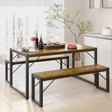 Gizoon 45.5" Dining Table Set for 4 with 2 Benches, Kitchen Table Set with Metal Frame & MDF Board, Space-Saving Dinette for Kitchen, Dining Room -Retro - Image 1