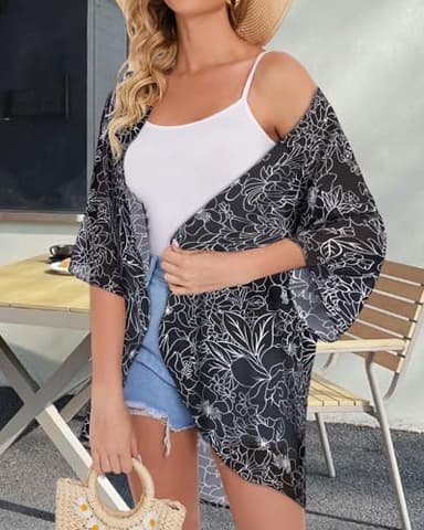 Womens Floral Kimono Cardigans Loose Puff Sleeve Casual Beach Coverups Tops (Black Brief Flowers,2XL) - Image 4