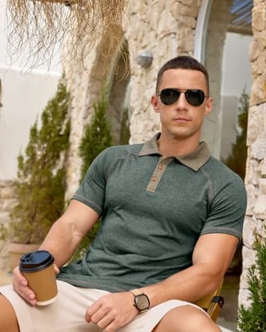 Men's Polo Shirts Short Sleeve Casual Vintage Collared Button Basic Golf Raglan Tee T-Shirts Green - Image 4