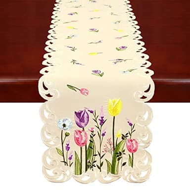 Simhomsen Embroidered Pink, Blue and Purple Tulips and Lavenders Floral Table Runners for Spring and Easters (13 × 54 inches) - Image 1