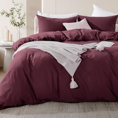 NEXHOME PRO Duvet Cover Set King Size Linen Look Textured Organic Natural 100% Washed Cotton Duvet Cover Burgundy Dark Red 3 Pieces Bedding Set with Zipper, Breathable, Soft (No Comforter) - Image 4