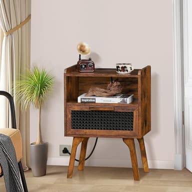 Lerliuo Rattan Nightstands Set of 2 with Charging Station, Boho Side Table with Drawer Open Shelf, Cane Accent Bedside End Table with Solid Wood Legs for Bedroom, Dorm and Small Spaces (Brown) - Image 7