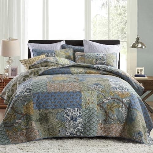 Secgo King Size Comforter Set- 100% Cotton Quilt King Size Set, Green, Sage bedspreads (96 * 108 Inch) with 2 Pillow Shams, Patchwork Reversible Lightweight Bedding - Image 1