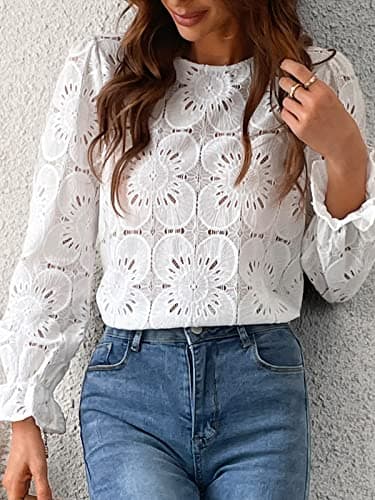 CUPSHE Women Eyelet Long Sleeve Tops Shirts Dressy Hollow Out Crochet Lace Embroidered Blouses 2025 Fashion Top White - Image 6