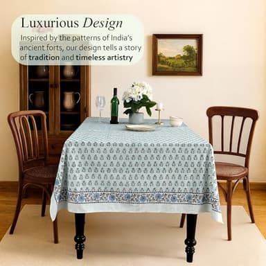 CPC Tablecloth 100% Cotton 70x118 Inch Indian Block Print Rectangle Table Cover, Washable Table Cloth for Weddings, Spring/Summer, Barbeque - Poppy Blue - Image 2