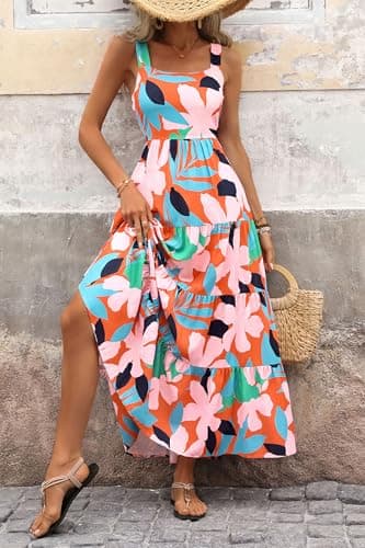 PRETTYGARDEN Women's Summer Floral Maxi Dress Sleeveless Smocked Ruffle Long Flowy Beach Vacation Boho Sundresses (Floral Orange Pink,Large) - Image 3