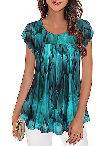 Furnex Womens Tunic Tops,Womens Blouses and Tops Dressy Casual Ruffle Sleeve Tunics for Women Loose Fit Pleated Front Mesh Blouse Short Sleeve Summer Tunic Tops for Leggings Plus Size Peacock Blue XL - Image 1