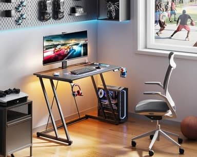 MOTPK 32 Inch Small Gaming Desk with LED Lights & Power Outlet, Computer Desk for Small Space, Gaming Table with Carbon Fiber Texture, Kids Desk Gift for Boys Men, Black - Image 7