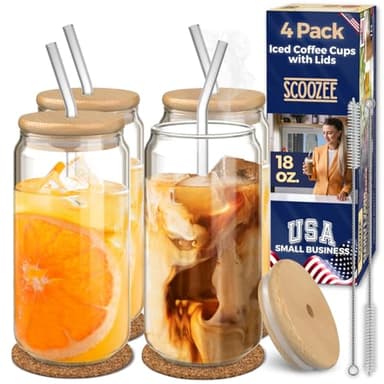 Scoozee Iced Coffee Cups [4 Pcs-18Oz] Beer Glasses with Bamboo Lids & Glass Straws, & Straws, Coffee Tumbler, Housewarming Gifts, New Home - Image 1