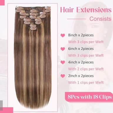 Clip in Hair Extensions Real Human Hair Clip ins 100% Human Hair Extension for Women 8pcs Per Set with 18 Clips Double Weft (22 Inch 90g #4/27 Chocolate Brown to Honey Blonde) - Image 4