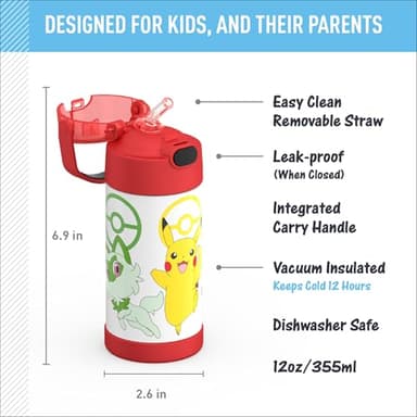 THERMOS FUNTAINER Water Bottle with Straw - 12 Ounce - Kids Stainless Steel Vacuum Insulated Water Bottle with Lid, Pokémon - Image 5