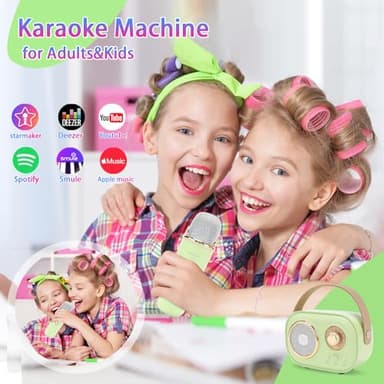 Aresrora Mini Karaoke Machine for Kids,Portable Bluetooth Speaker with 2 Wireless Microphone,Toys for Girls Boys Gifts,Retro Speaker Set Stereo Sound Enhanced Bass for Home Party Birthday (Green) - Image 2