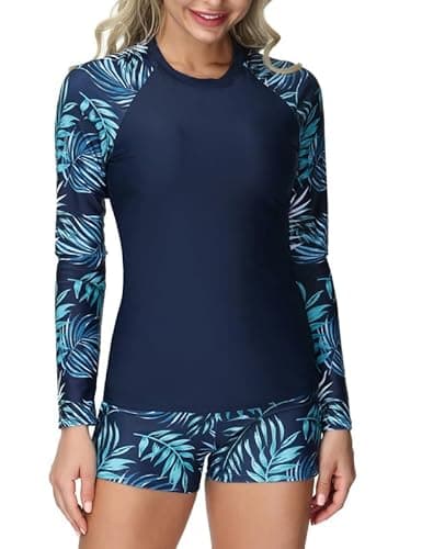 Swim Shirts for Women Long Sleeve Rashguard Floral Print Sun Protection Bathing Suit Set Navy Leaf XL - Image 1