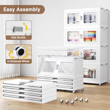 BROVIEW 300Gal Extra Large Storage Bins with Lid, 1200Qt Plastic Stackable Storage Bins with Wheels, Collapsible Closet Organizer and Storage Drawers, Storage Cabinets for Home, Office, 4 Pack, White - Image 6