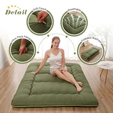 Zelladorra Japanese Floor Mattress, Futon Mattress with Portable Storage Bag and Washable Cover, Roll Up Thick Tatami Mat Suitable for Camping, Guest Room, Green, Queen - Image 5