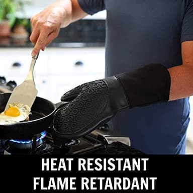 HOMWE Silicone Oven Mitts and Pot Holders, 4-Piece Set, Heavy Duty Cooking Gloves, Kitchen Counter Safe Trivet Mats, Advanced Heat Resistance, Slip-Resistant Textured Grip, Black - Image 4