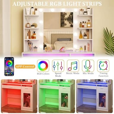 HUAHUU Vanity Desk with Mirror and Lights, Makeup Vanity Desk with Lights 3 Colors, Transparent Top Vanity with 2 RGB Drawers, 6 Shelves, Large Tempered Cabinet, Power Outlet, for Bedroom, White - Image 3