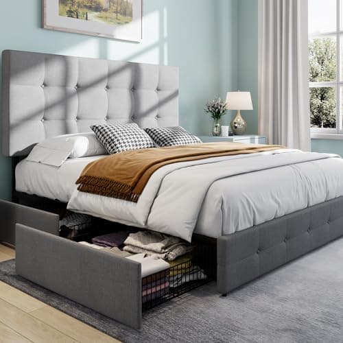 SHA CERLIN Upholstered Full Size Platform Bed Frame with 4 Storage Drawers, Adjustable Headboard with Square Stitched Button Tufted Design, Wooden Slat Support, No Box Spring Needed, Light Grey - Image 1