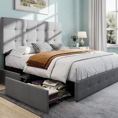 SHA CERLIN Upholstered Full Size Platform Bed Frame with 4 Storage Drawers, Adjustable Headboard with Square Stitched Button Tufted Design, Wooden Slat Support, No Box Spring Needed, Light Grey - Image 1
