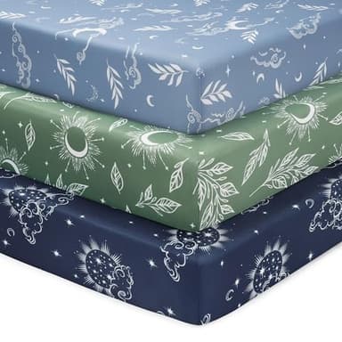 FIEMOL Baby Crib Sheets for Boys and Girls, 3 Pack Fitted Toddler Bed Sheets Neutral for 52”x28” Standard Crib and Toddler Mattresses, Super Soft Microfiber Green Starry Sky - Image 1