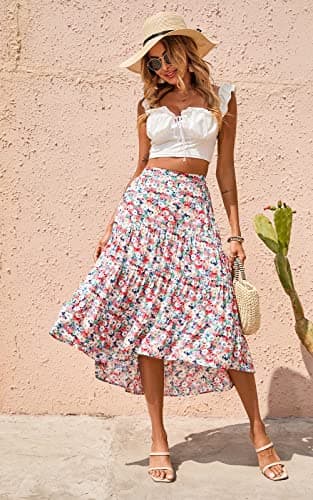PRETTYGARDEN Ditzy Floral Skirt Midi Boho Elastic High Waist Skirt A-line Long Vintage Skirts for Women Pleated Skirt (Blue Red,X-Large) - Image 4