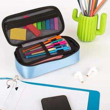 Five Star Pencil Pouch, Pen Case, High-Capacity Zipper Pouch, Storage Organizer for School Supplies Earbuds Chargers Cables Makeup, Blue/Denim (500212F-ECM) - Image 6