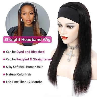 TNICE Headband Wig Human Hair Straight 22 Inch Headband Wigs for Black Women Glueless None Lace Front Human Hair Wigs Brazilian Virgin Hair Machine Made Headband Wigs 150% Density Natural Color - Image 4