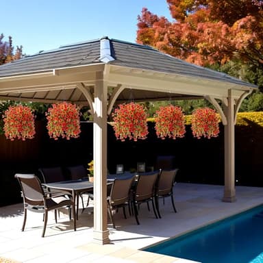 INXUGAO Artificial Fake Spring Hanging Flowers Plants with Basket Outdoor Flower Decor, Faux Silk Colorful Daisy in Metal Coconut Lining Pot Plastic Shrubs Decor Farmhouse Home Garden (Red Orange) - Image 4