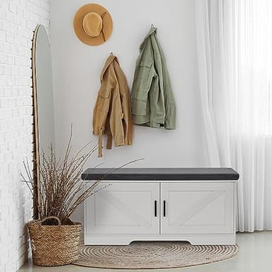 HOMSHO 2-Tier Storage Bench, 39.4" Wide Shoe Bench with Padded Seat Cushion, Entryway Bench with 2 Barn Doors and Adjustable Shelf, White - Image 2