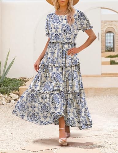 YESNO Summer Casual Bohemian Floral Dresses for Women Puff Short Sleeve Long Maxi Dress with Pockets (L ETX CR425B) - Image 3