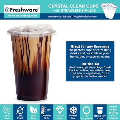 Freshware Clear Plastic Cups with Strawless Sip Lids [100 Cups - 20 oz] Disposable Tumblers for Iced Coffee, Smoothie, Milkshake, Cold Drinks - Image 2