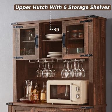 OKD 72" Farmhosue Bar Cabinet with Sliding Barn Door, Large Kitchen Buffet with Hutch w/Wine & Glasses Rack, 3 Drawers, 12 Storage Shelves, Rustic Coffee Bar Sideboard Table, Reclaimed Barnwood Color - Image 4