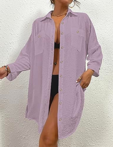 Bsubseach Womens Modern Swimsuit Cover Up Blouse Button Down Shirt Dresses Tops Light Purple - Image 4