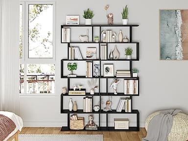 Yusong Bookshelf 6-Tier, Geometric Bookcase S Shaped Book Shelves for Bedroom, Modern Wood Decorative Display Shelf Tall Book Case for Home Office, Black - Image 9