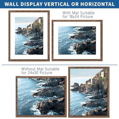 Hongkee 24x30 Frame Set of 2, Rustic Brown Wood Style - Display 18x24 Picture Frame with Mat or 24 x 30 Poster without Mat, Wall Mounting Horizontal and Vertical - Image 2