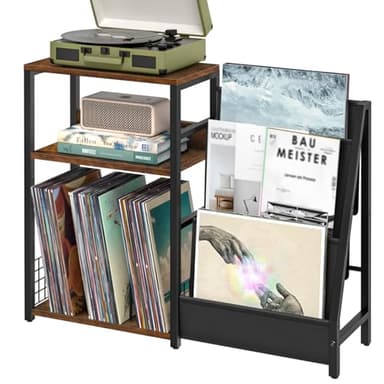 LELELINKY Record Player Stand with Vinyl Storage, 3 Tier Turntable Stand with Display Shelf Storage Up to 150 Albums,Brown End Table for Living Room - Image 1