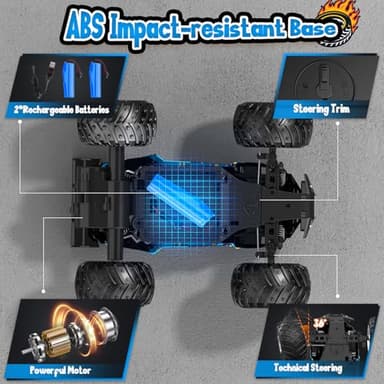 AONEPTR Remote Control Car, All Terrain Remote Control Truck for Boy, 2.4GHz Rc Car with Bodylight and Two Rechargeable Batteries, 20KM/H Monster Truck Toys - Image 5